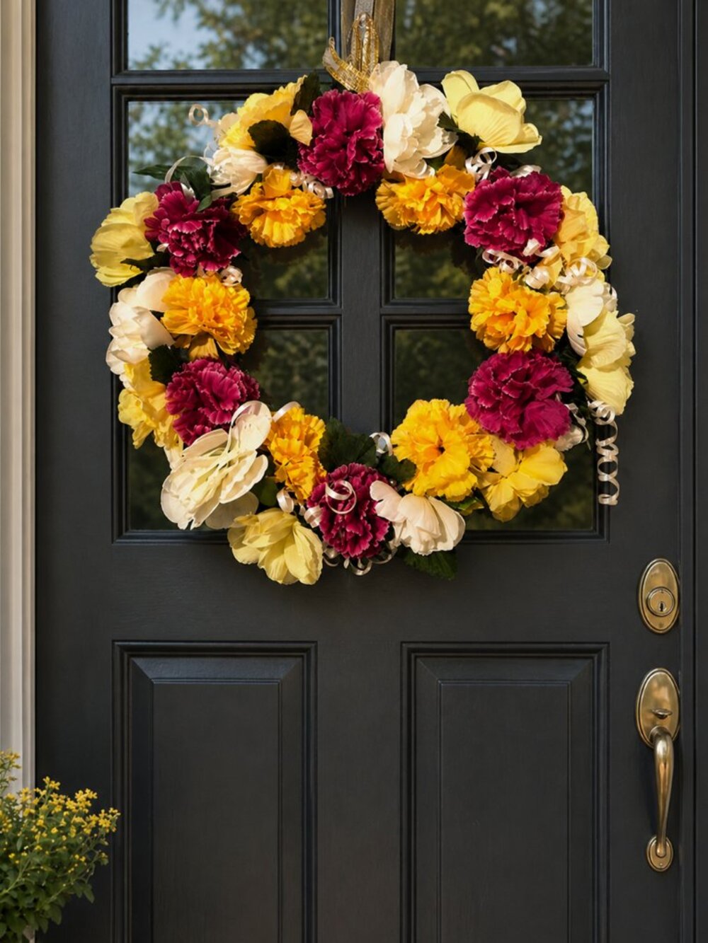 Spring Wreath - Front Door Pinkish & Yellow Carnations + Roses Handmade 16x16”